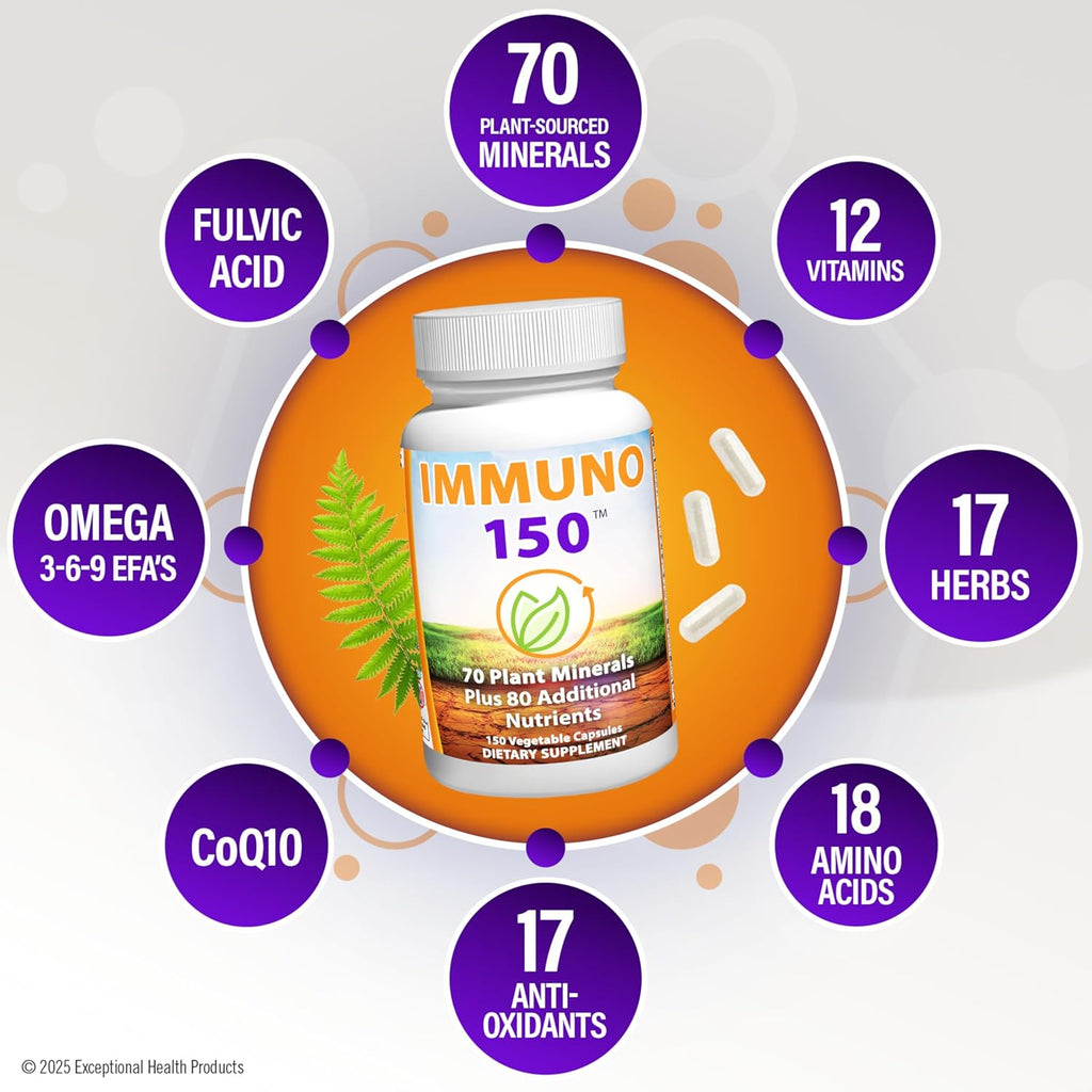 Immuno 150 Immune Support Supplement, Packed with 70 Plant Minerals, 13 Essential Vitamins and 68 Additional Nutrients-150 Vegetable Capsules- Immune Boost for All Age Groups