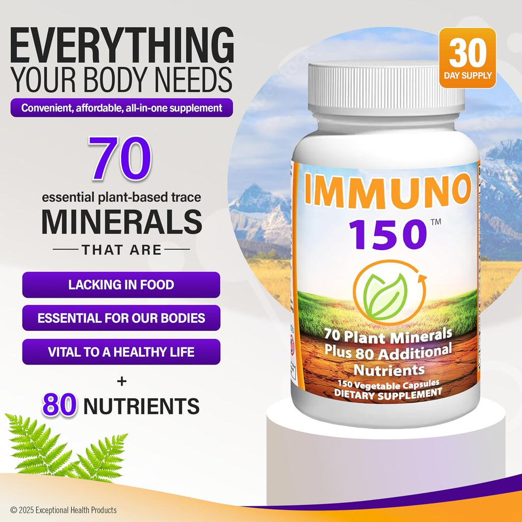 Immuno 150 Immune Support Supplement, Packed with 70 Plant Minerals, 13 Essential Vitamins and 68 Additional Nutrients-150 Vegetable Capsules- Immune Boost for All Age Groups