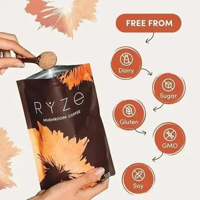 RYZE SUPERFOODS Mushroom Coffee USDA Organic with 6 Adaptogenic Mushrooms, USA Grown Instant Coffee for Better Energy, Focus Digestion Immunity with Lions Mane & Turkey Tail 30 Servings